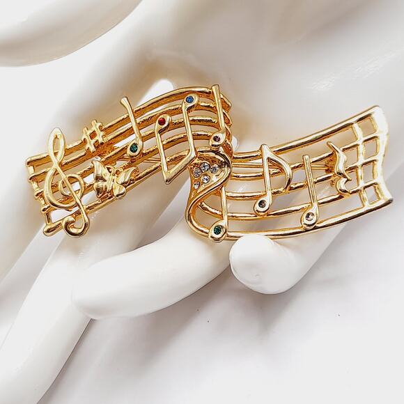Vintage Musical Notes Brooch Gold Tone Music Staff Pin with Rhinestones – 2.75” - Picture 2 of 8